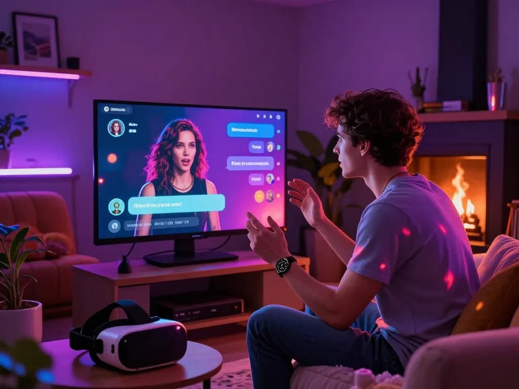 Engaging NSFW AI chat interaction with vibrant digital elements in a cozy, immersive atmosphere.
