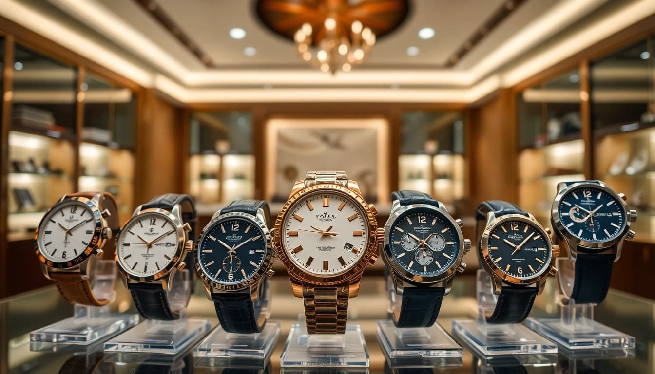 Showcasing stunning replica watches in a luxurious boutique setting, emphasizing intricate details and quality craftsmanship.