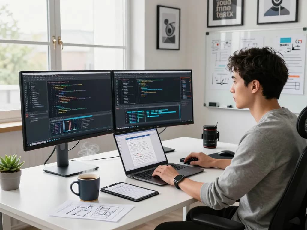Developer using OpenClaw personal AI assistant in a modern tech workspace with multiple screens and gadgets.