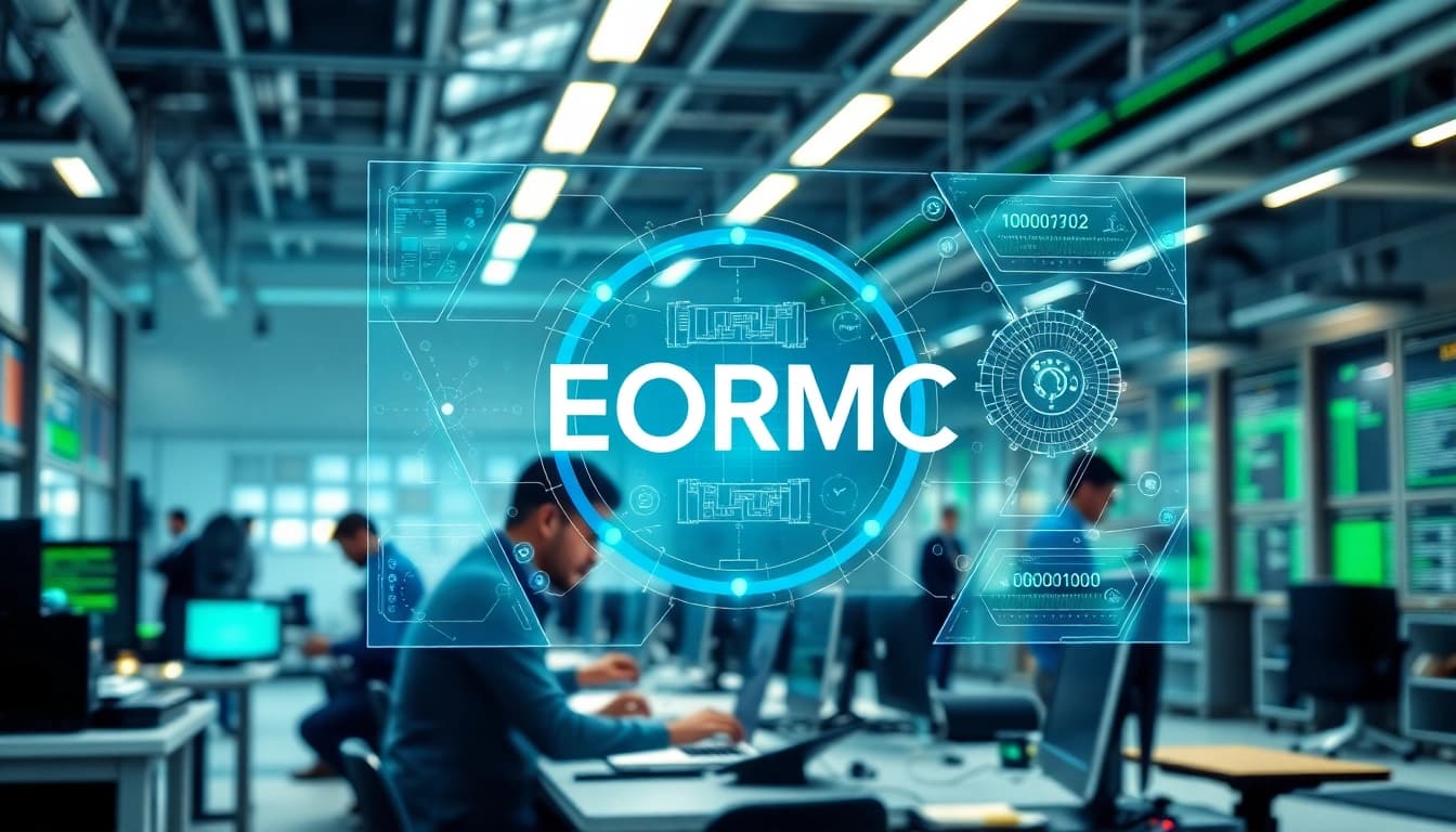 EORMC blockchain technology displayed in a vibrant, collaborative workspace with a holographic interface.