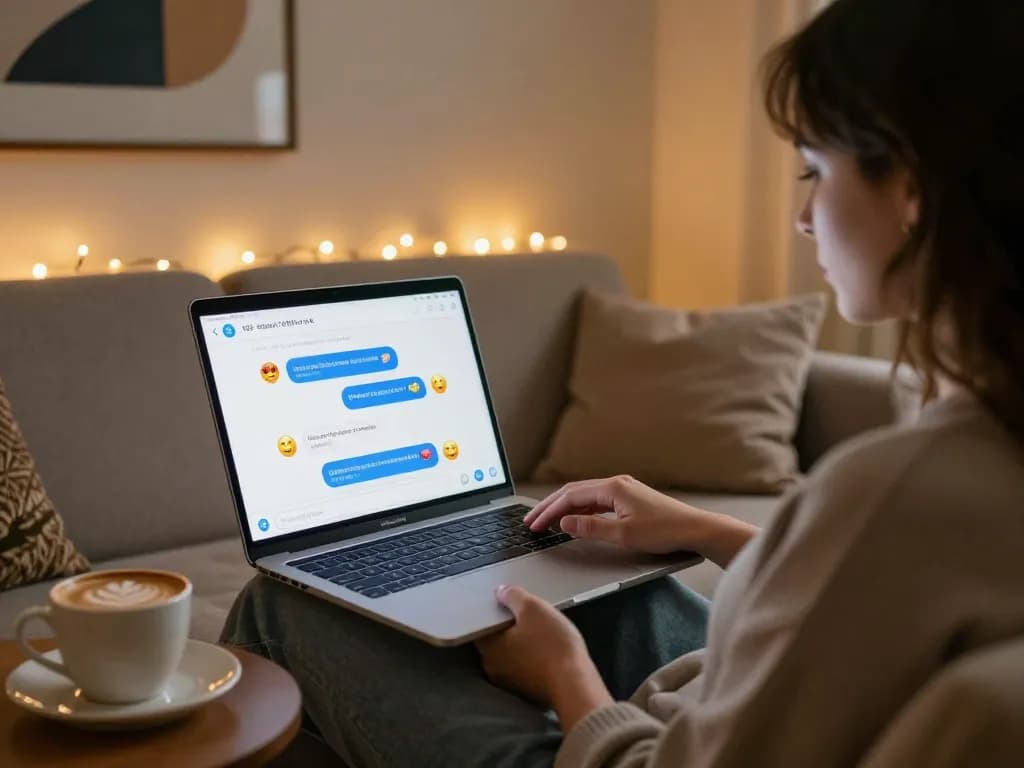 A user engaged in an NSFW AI chat on a sleek laptop in a cozy living room, showcasing a vibrant chat interface.