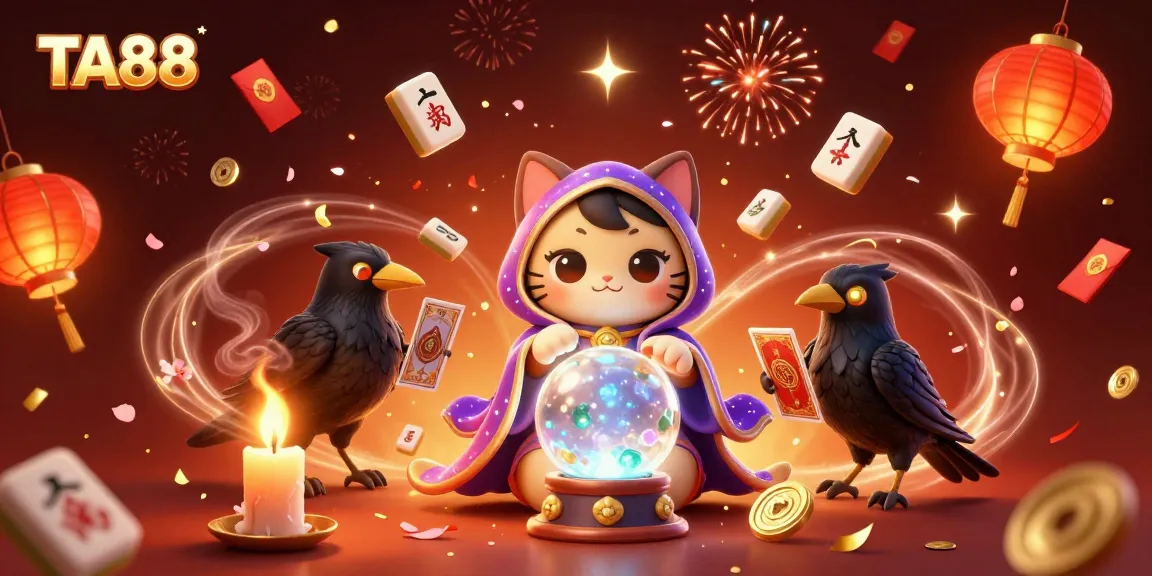 Engage in TA88 casino fun with an enchanting fortune teller, raven, and vibrant game elements.