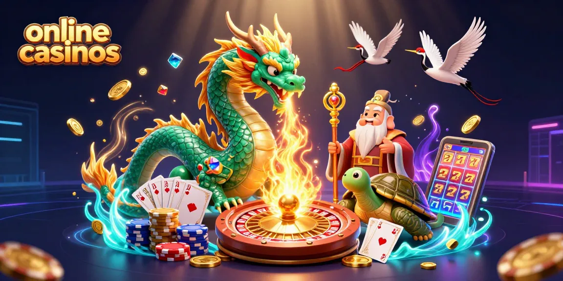 Experience the thrill of online casinos with a jade dragon and wise sage amidst vivid game elements.