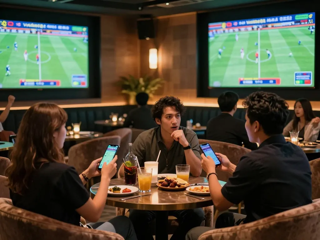Patrons engaging in thrilling sports betting at Vuabet88, highlighting excitement and interaction in a stylish lounge atmosphere.