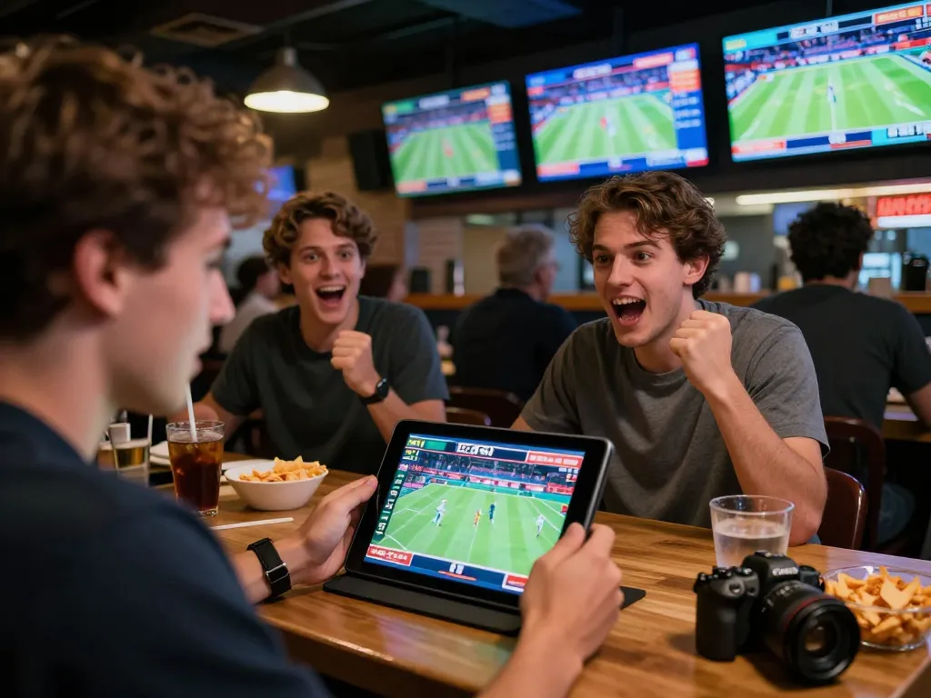 Sports betting at AW8 with fans cheering and using a tablet in a lively bar.