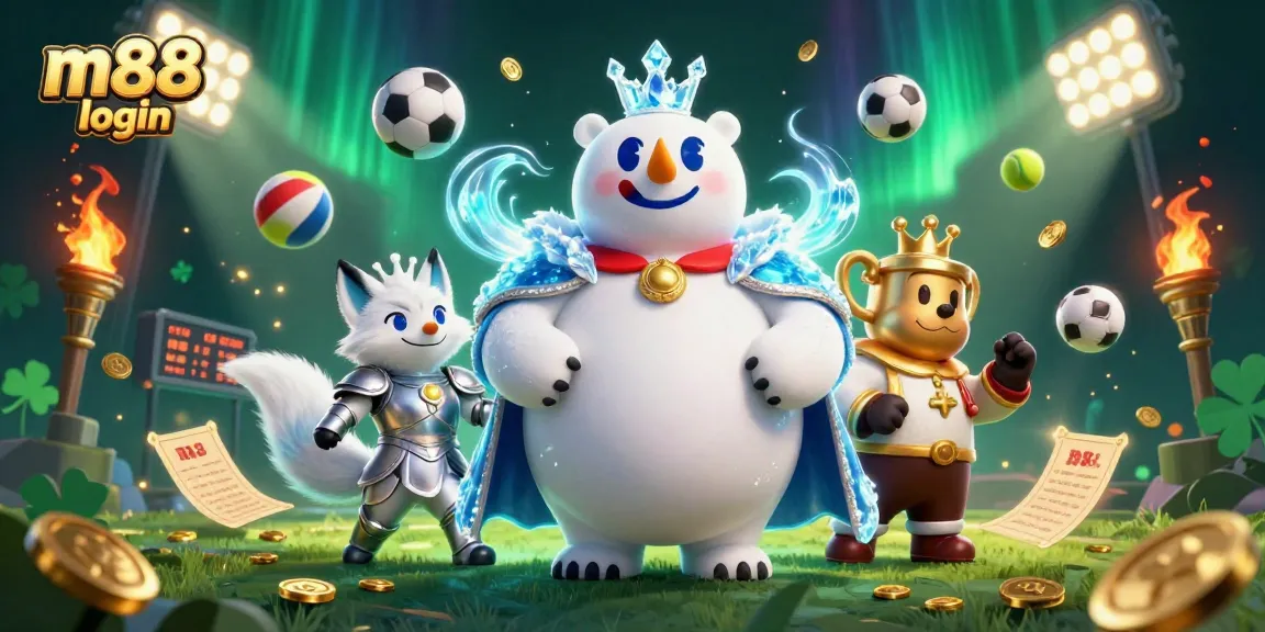 Bet on exciting games with M88 login featuring a 3D polar bear and sports elements in a dynamic casino scene.
