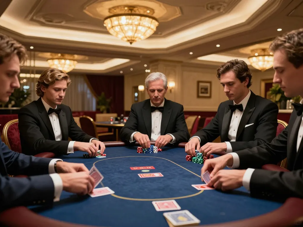 33win high-roller poker game in an upscale casino with players and chips focused