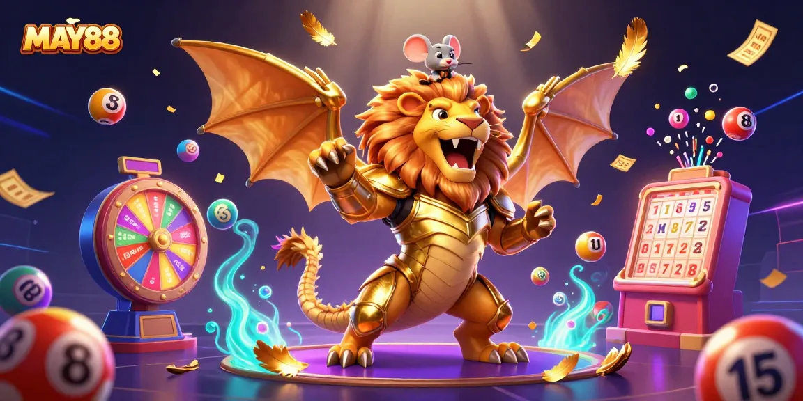 MAY88 showcases a thrilling casino scene with a triumphant chimera and dynamic game elements.
