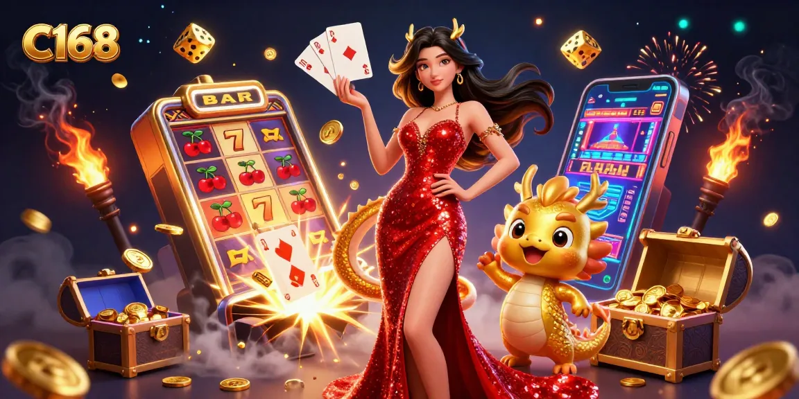 C168 casino scene featuring an elegant character, golden dragon, and vibrant gaming elements.