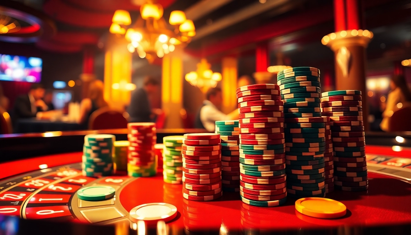 Kemenangan menarik Kenangan4D dengan chip berwarna cerah di meja kasino berkelas.