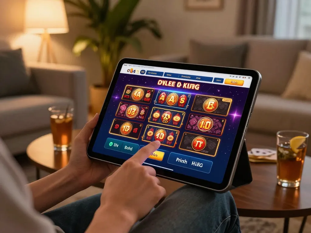 tr88 user engaging with online casino games on tablet in stylish living room setting