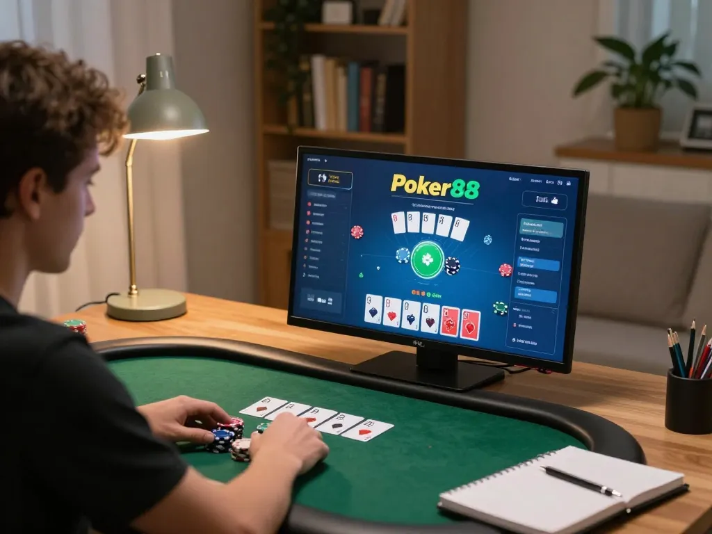 Person engaged in Poker88 online game, strategizing with chips and cards in a cozy home setting.