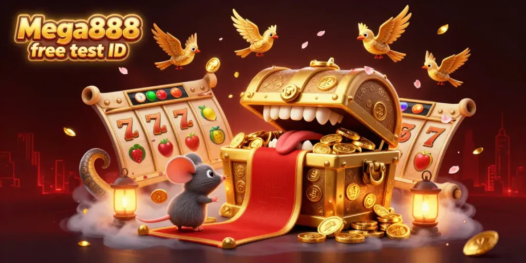 Mega888 free test ID illustration with treasure chest, mice, and dynamic slot elements showcasing casino excitement.