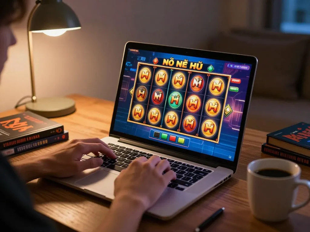 Nổ hũ gameplay on a laptop showcasing thrilling slot reels and a focused player in a cozy environment