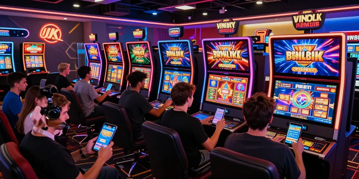 Excited players enjoying a variety of games at new UK slot sites with vibrant ambiance and digital displays.