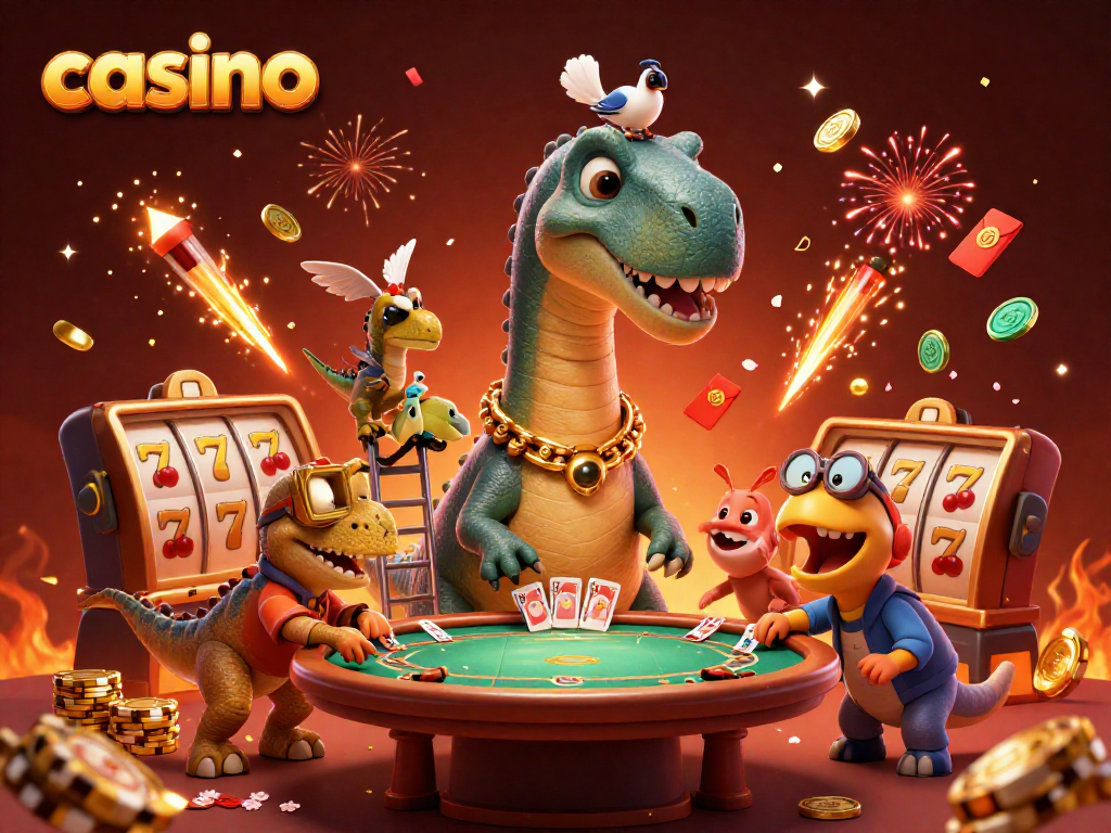 Play exciting casino games with a towering brontosaurus and clever raptor in a festive setting.