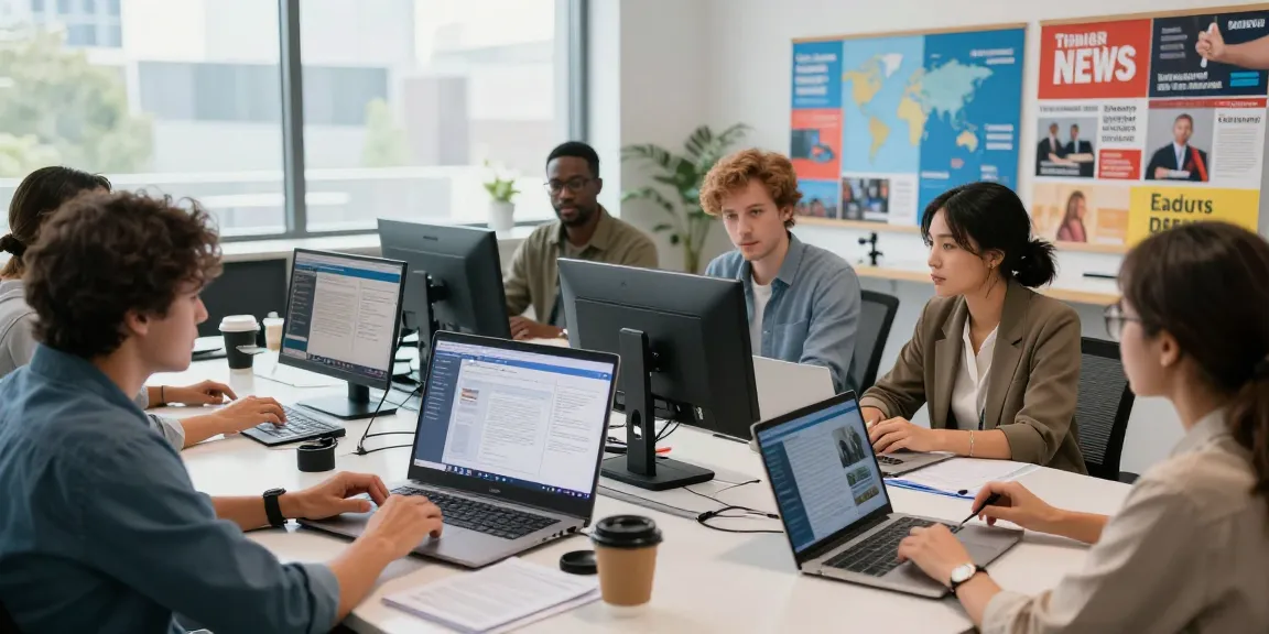 Dynamic newsroom at https://www.theindaily.com with reporters collaborating on latest news articles.