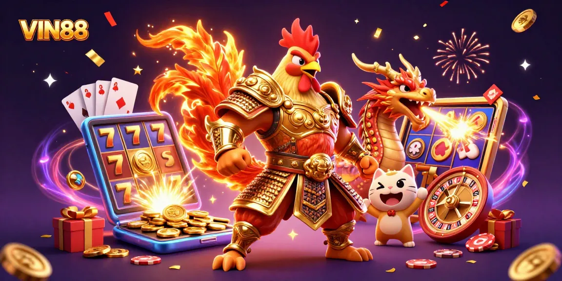 Experience winning with VIN88 in this thrilling 3D casino scene featuring animated characters and vibrant slot game elements.