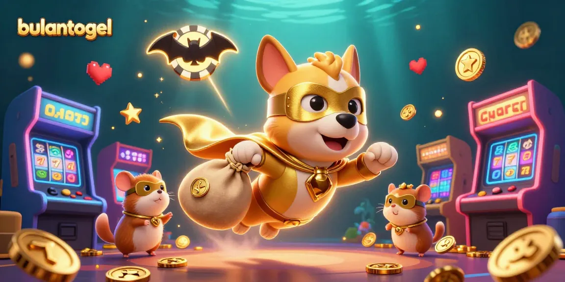 Visualisasi bulantogel dengan karakter pahlawan anjing terbang dan elemen mesin arcade 3D bersinar.