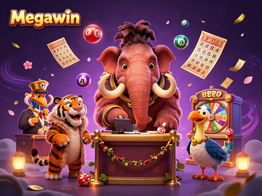 Megawin menghadirkan bouncer mammoth dan tamu VIP dalam suasana kasino yang ceria.