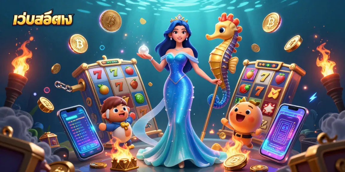 Experience เว็บสล็อตตรง with a captivating 3D image showcasing vibrant slot elements and crypto coins.