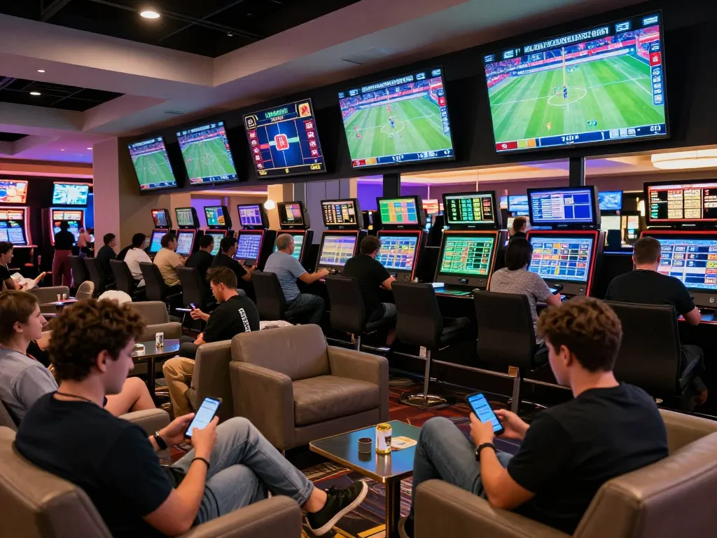 Betting on live sports at ZX88 casino's modern lounge with engaged patrons and dynamic screens.