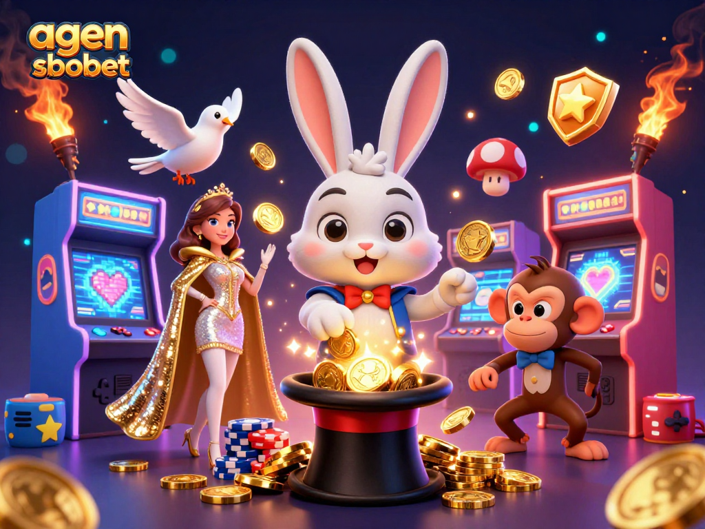 Experience thrilling wins with agen sbobet in an engaging casino illustration showcasing vibrant characters and gaming elements.
