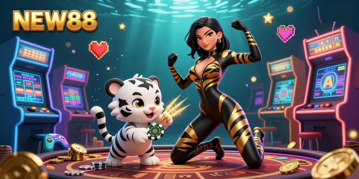 Experience thrilling gaming at NEW88 with an engaging casino illustration of a woman and a playful tiger.