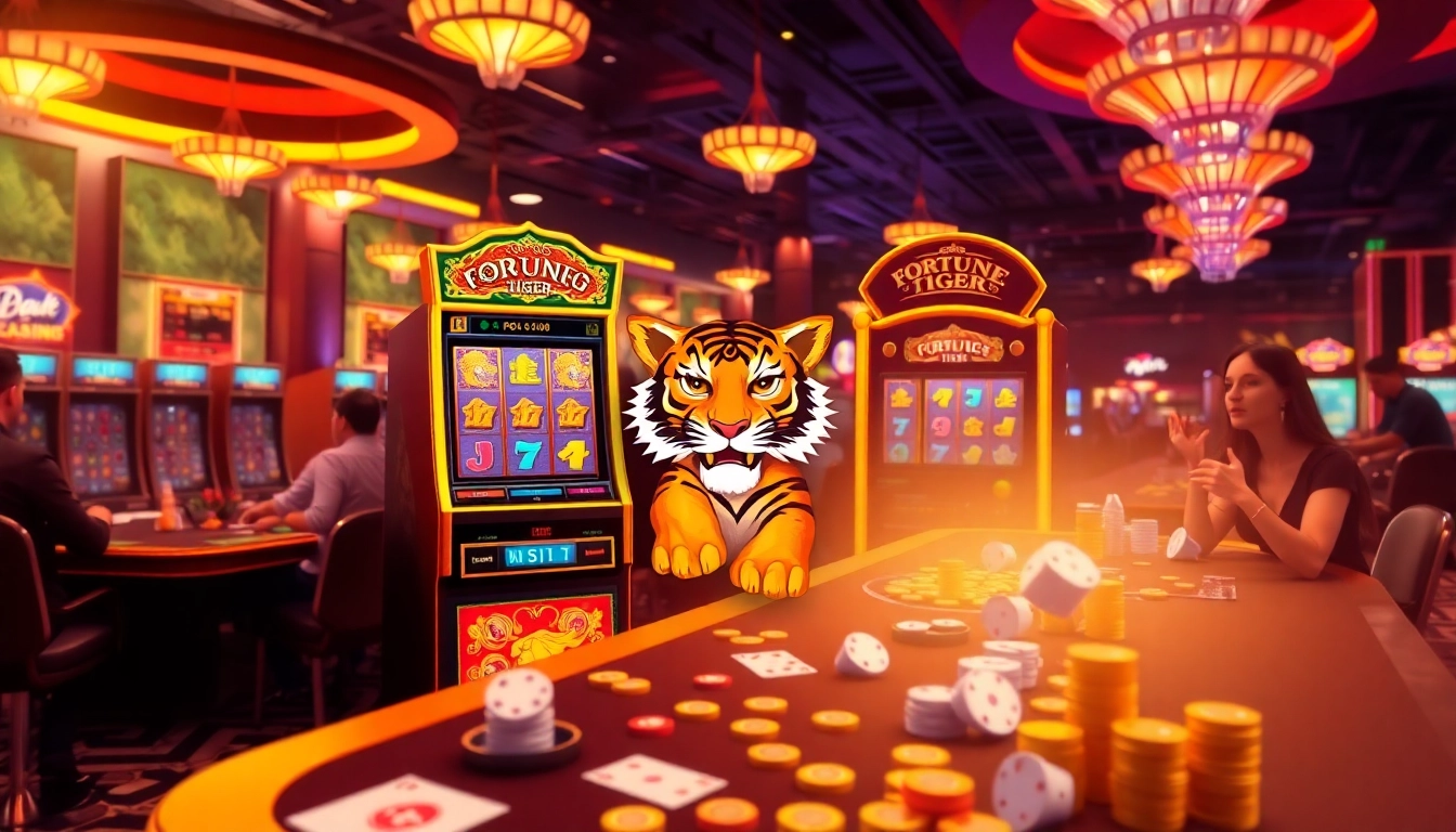 Excited players interacting with the PG Soft Fortune Tiger เว็บตรง slot machine in a luxurious casino setting.