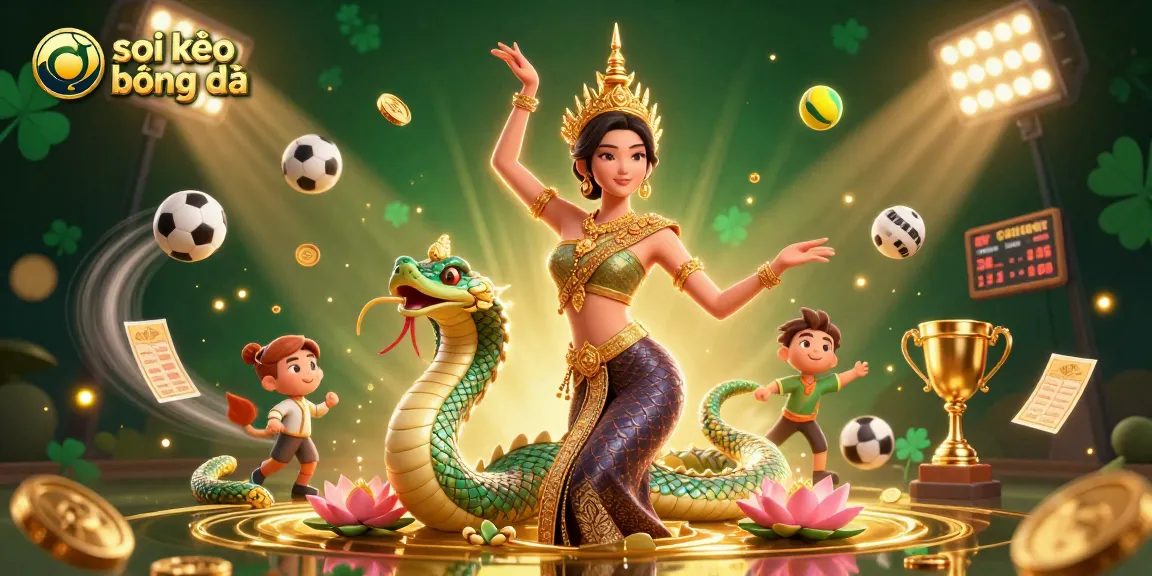Spearhead your sports betting with soi kèo bóng đá insights, featuring dynamic visuals of a traditional dancer and Naga.
