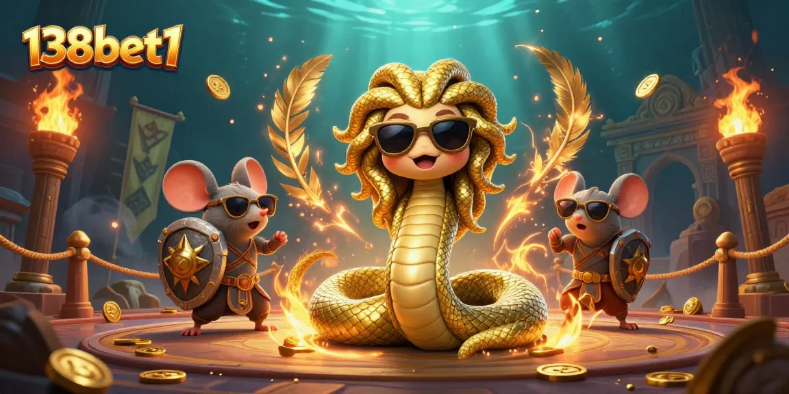 Engage with 138bet1’s exciting 3D casino scene featuring Medusa and a warrior mouse amidst gold coins and game elements.