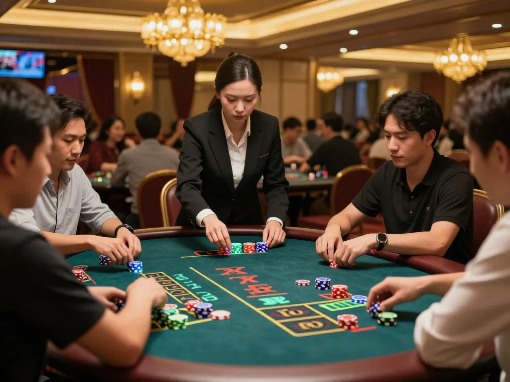 xóc đĩa players are strategically betting at a luxurious casino table, showcasing excitement and engagement.