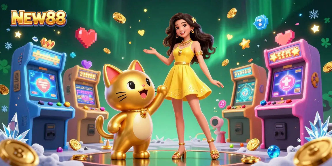 Join the excitement at NEW88 with playful gaming vibes and vibrant animated characters amidst casino-themed elements.