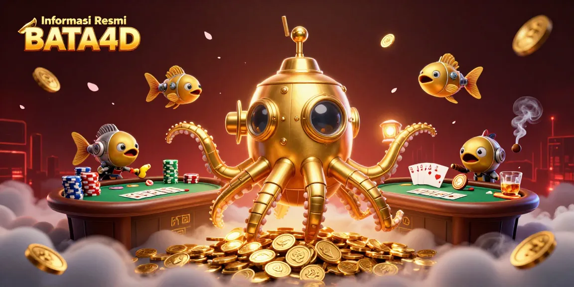 Informasi Resmi BATA4D menunjukkan kraken emas bermain poker dalam lautan koin emas.