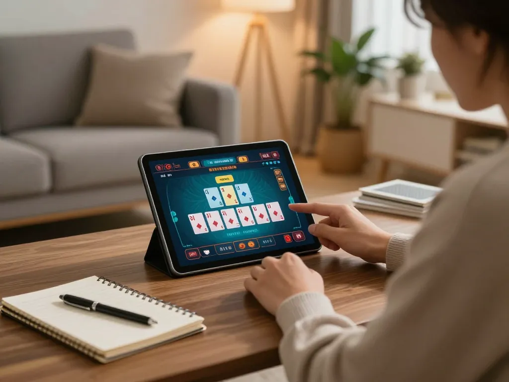 TWIN68 user enjoys live dealer game on tablet in cozy living room, promoting responsible gaming.