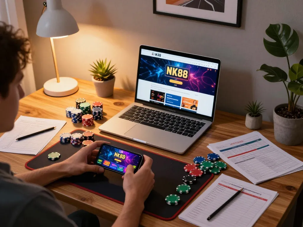 Engaging in the NK88 app on smartphone in a stylish home gaming setup with strategy notes.
