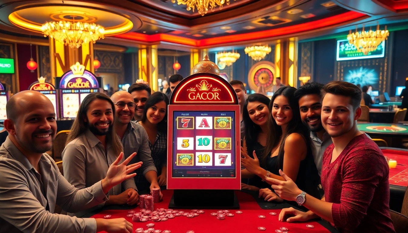 Players celebrating a win at a luxurious slot gacor machine in a vibrant casino.
