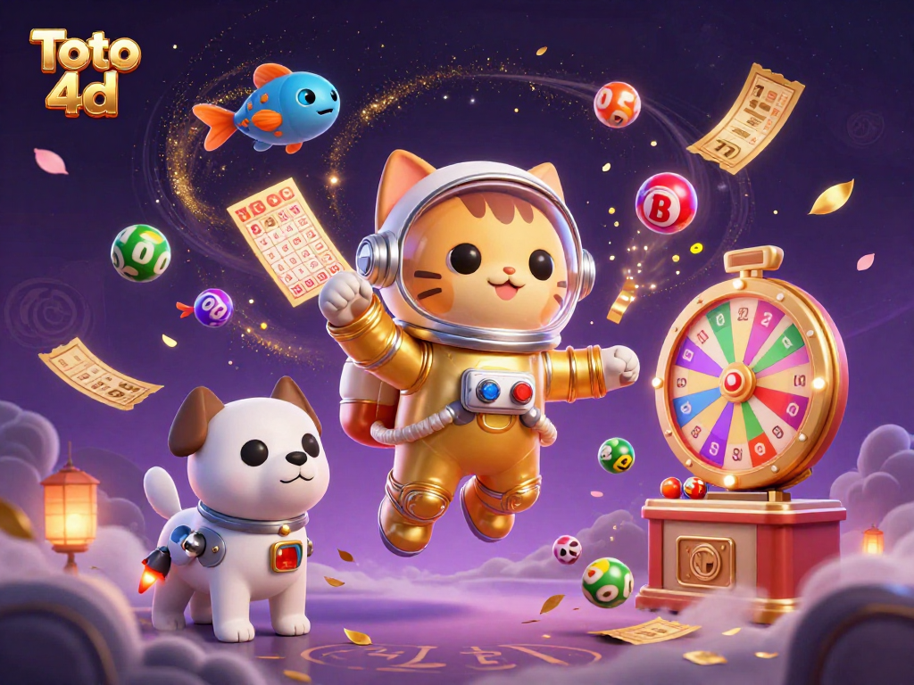 Engage with Toto 4d in a vibrant lottery scene featuring an astronaut cat and alien fish.