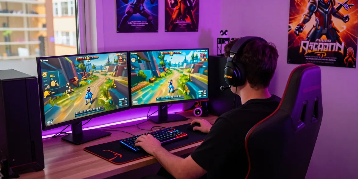 Player engaged in thrilling online gaming on Mahajitu platform, showcasing a vibrant dual-screen setup and gaming accessories.