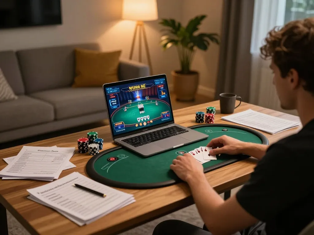 Person playing poker online at home with HITCLUB interface visible on the laptop screen, highlighting strategic gaming.