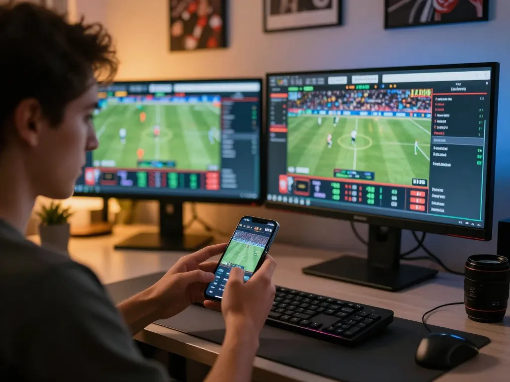 Engaging moment of HUBET where a focused player checks sports betting odds on their smartphone in a stylish home office.