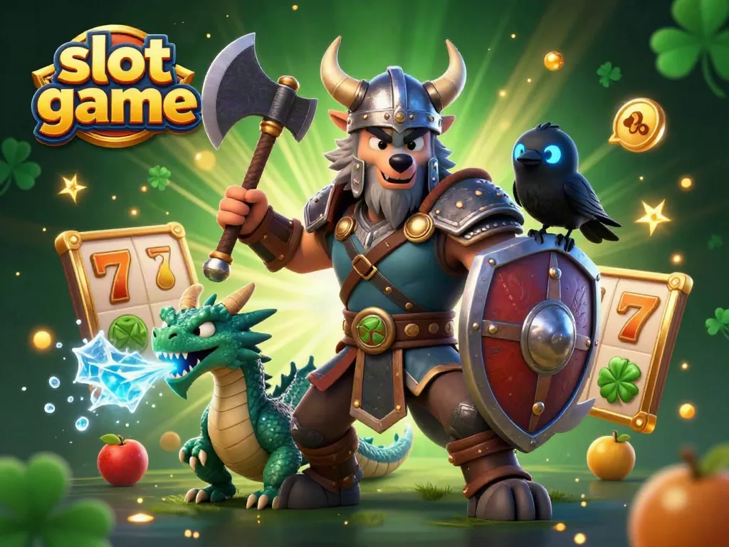 Engage in thrilling slot game adventures with a Viking warrior and fierce dragon in a vibrant digital casino scene.