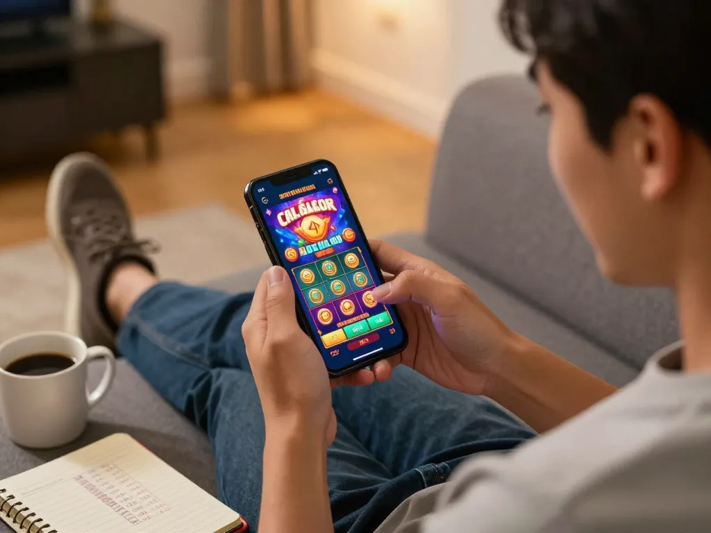 Player engaging with situs slot gacor on mobile app in a cozy living room setting.