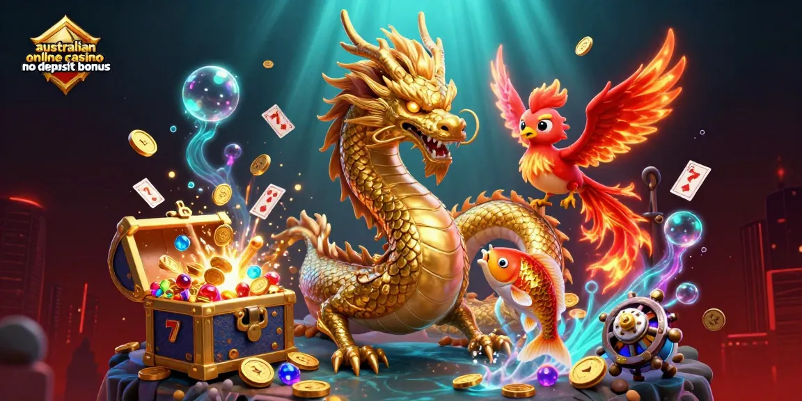 Win big with the australian online casino no deposit bonus in a dynamic 3D casino scene, filled with vibrant colors.