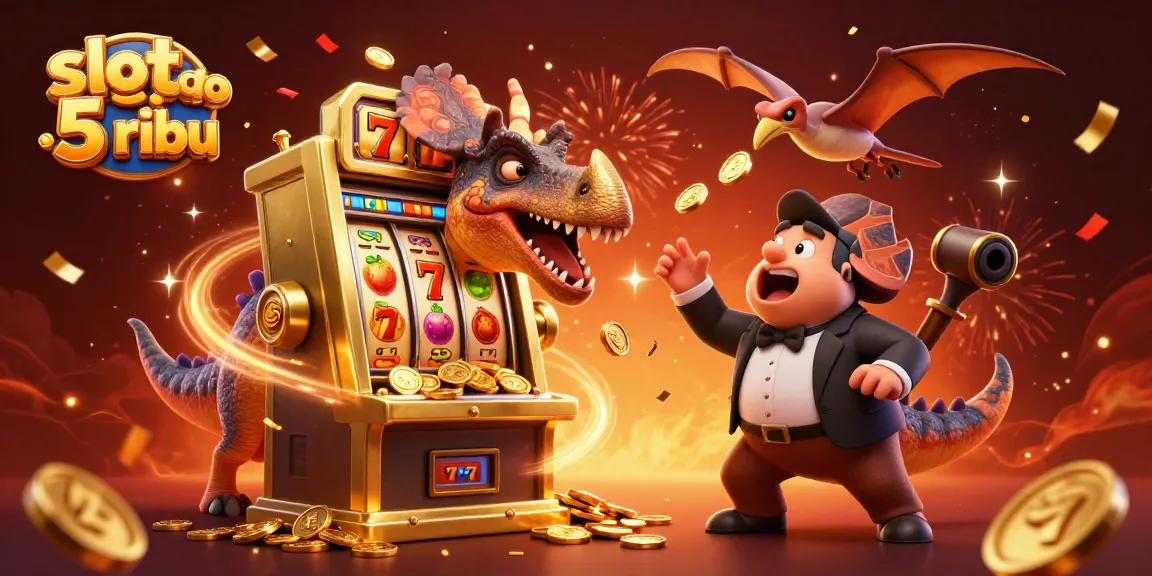 Winning big at the slot depo 5 ribu with cartoon dinosaurs celebrating jackpot wins.
