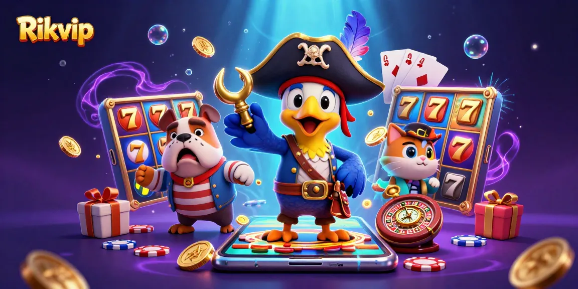 Spin to win at Rikvip with a vibrant 3D scene of exciting slot games and animated characters.