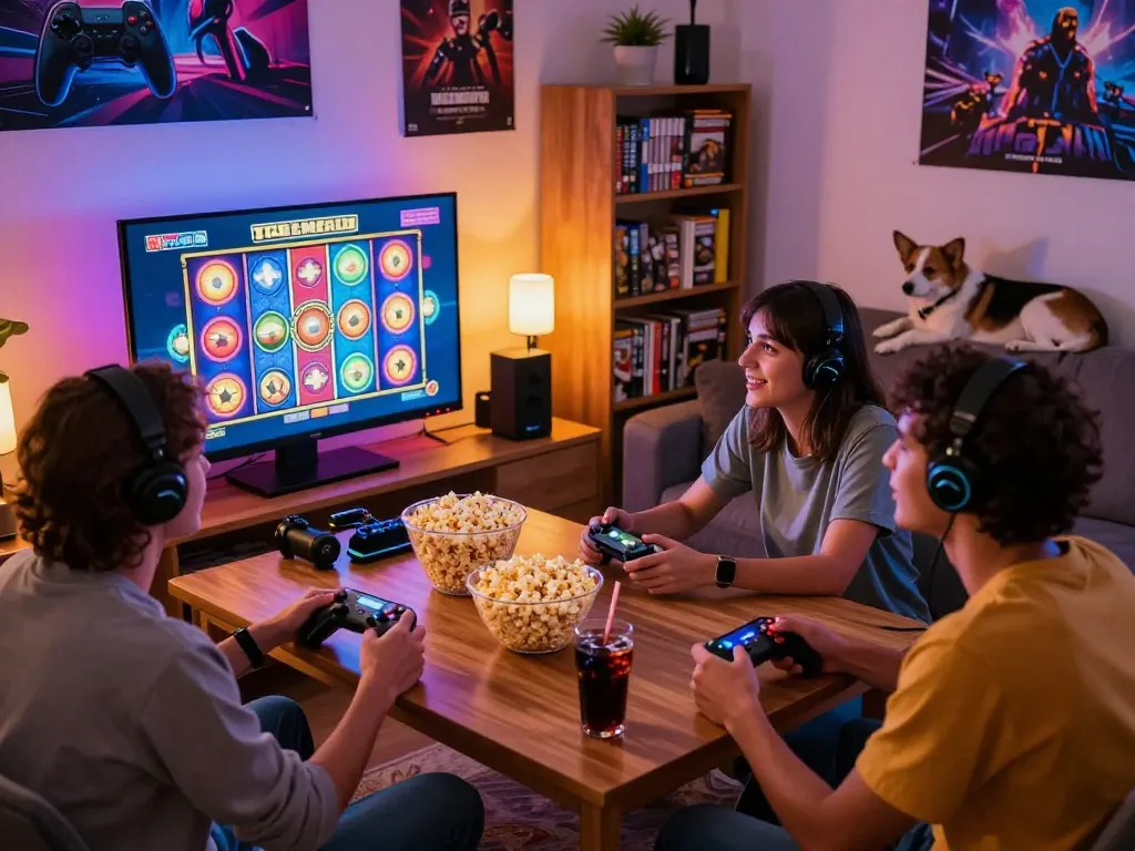 Friends engaged in slot gacor hari ini gameplay in a cozy living room setting with snacks and vibrant lighting.