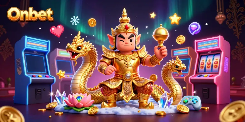 Engage in thrilling gameplay at Onbet with golden guardian, Naga companions, and vibrant casino elements.