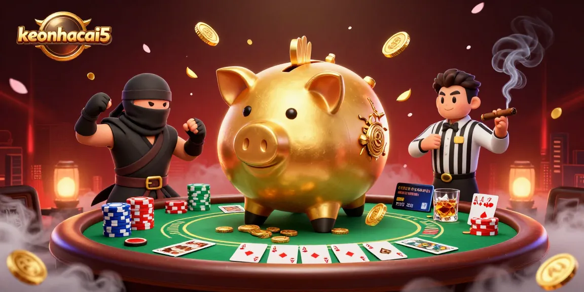 Engaging 3D illustration of keonhacai5, featuring a golden piggy bank sumo wrestler in an action-packed casino scene.