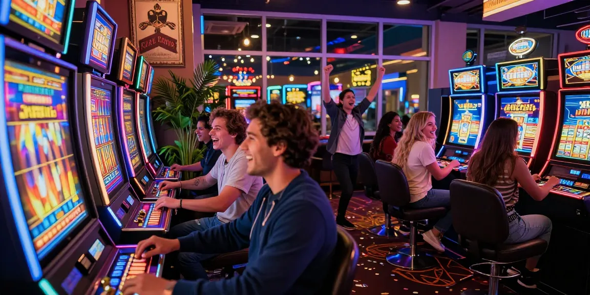 Excited friends playing slot machines in a vibrant casino atmosphere.
